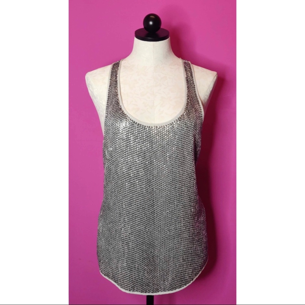 BCBG Silk Silver Sequin Racerback Tank Top Medium